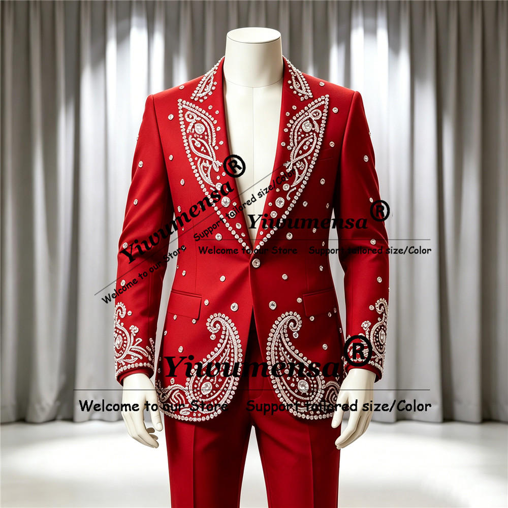 Men'S Formal Wear Attire - ชุดสูทประดับเพชรระยิบระยับสำหรับผู้ชาย ชุดแต่งงานแบบกระดุมแถวเดียว เสื้อแจ็คเก็ตและกางเกง 2 ชิ้น ชุดเจ้าบ่าว