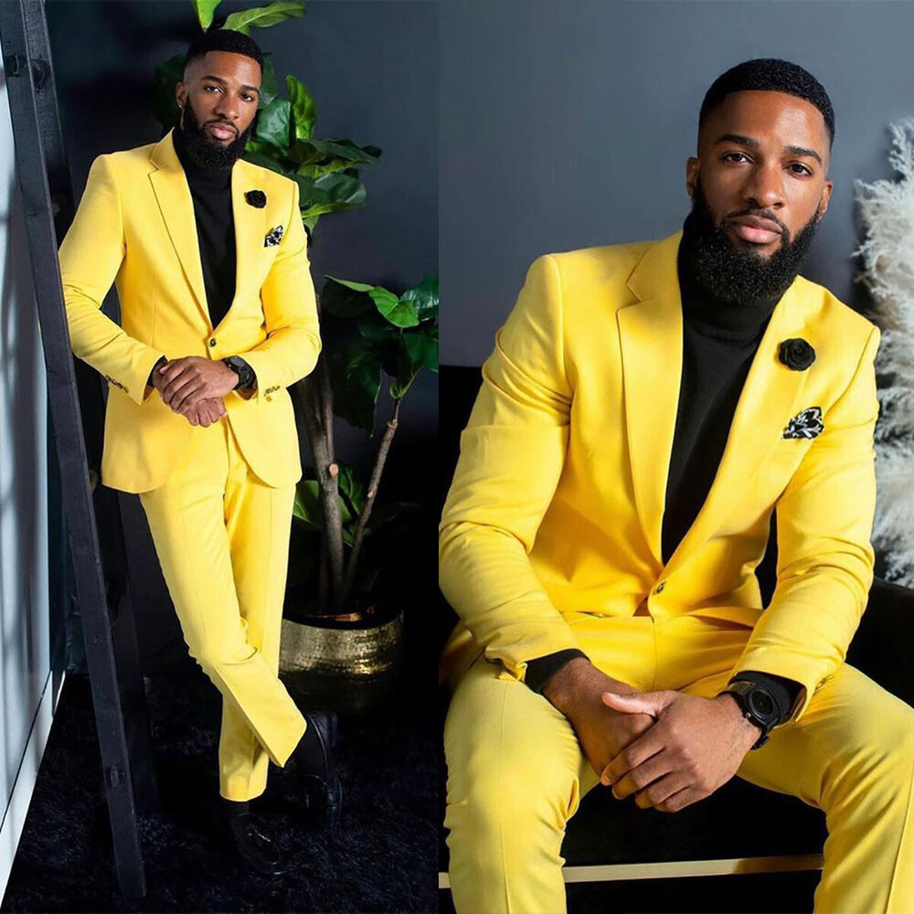 Men Formal Wear Shop - ชุดสูทสีเหลืองสำหรับผู้ชาย ทรงเข้ารูป กระดุมแถวเดียว สำหรับงานแต่งงาน งานเลี้ยงอย่างเป็นทางการ ชุด