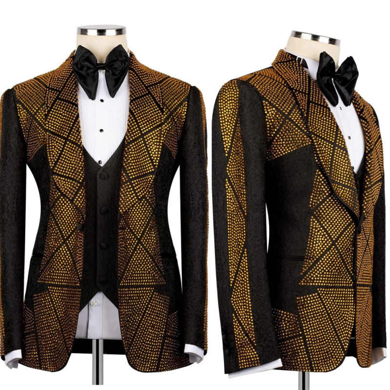 Men'S Formal Wear Attire - ชุดสูทผู้ชายประดับลูกปัดทองคำสำหรับงานแต่งงาน ชุด 3 ชิ้น เสื้อแจ็คเก็ต กางเกง