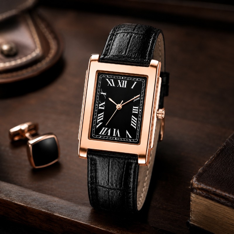 Men'S Formal Wear Belt - นาฬิกาข้อมือผู้ชายสไตล์คลาสสิก หน้าปัดทรงสี่เหลี่ยมพร้อมตัวเลขโรมัน สายหนัง ระบบควอตซ์ ดีไซน์หรูหรา เหมาะสำหรับการแต่งกายที่ดูสง่างาม