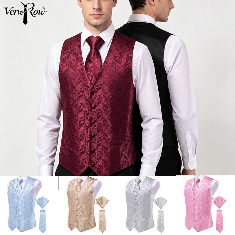 Men'S Formal Wear Waistcoat - ชุดสูทผู้ชาย VerveRow สีเบอร์กันดีลายดอกไม้ 3 ชิ้น พร้อมเนคไทและผ้าพันคอสำหรับงานทางการ