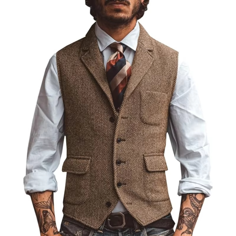 Men'S Formal Wear Waistcoat - เสื้อกั๊กผู้ชายสไตล์เรโทร ทวีด ลายก้างปลา ปกคอปกแบบโนทช์ เหมาะสำหรับใส่ลำลองหรือเป็นทางการ สำหรับงานแต่งงานและงานปาร์ตี้