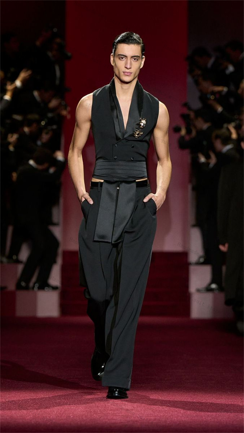 Men'S Formal Wear Waistcoat - ชุดสูทผู้ชายสีดำ 2 ชิ้น เสื้อกั๊ก+กางเกงขายาว กางเกงมีเข็มขัด ชุดทักซิโด้งานพรอมงานแต่งงาน