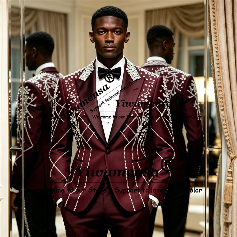 Men'S Formal Wear Attire - ชุดสูทผู้ชายประดับเพชรสำหรับงานแต่งงาน แจ็คเก็ตกระดุมแถวเดียว กางเกงขายาว ชุด 2 ชิ้น
