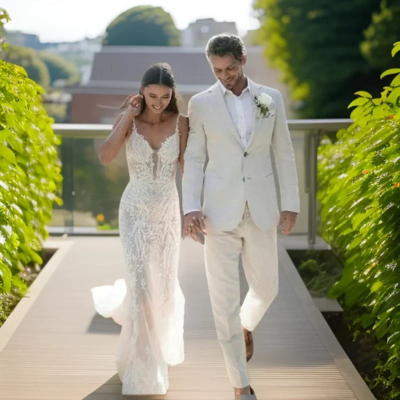 Men'S Formal Wear Attire - ผ้าลินินงานแต่งงาน Tuxedo สําหรับชายฤดูร้อนชายหาดอย่างเป็นทางการชุด 2 ชิ้น SLIM