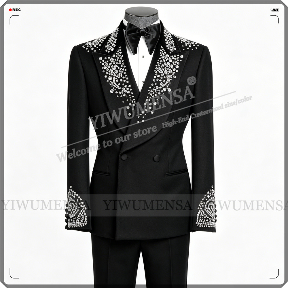 Men'S Formal Wear Attire - ชุดสูทแต่งงานสุดหรูสำหรับผู้ชาย ประดับด้วยคริสตัลและลูกปัด เสื้อแจ็คเก็ตและกางเกง 2 ชิ้น ชุดทักซิโด้สำหรับเจ้าบ่าว