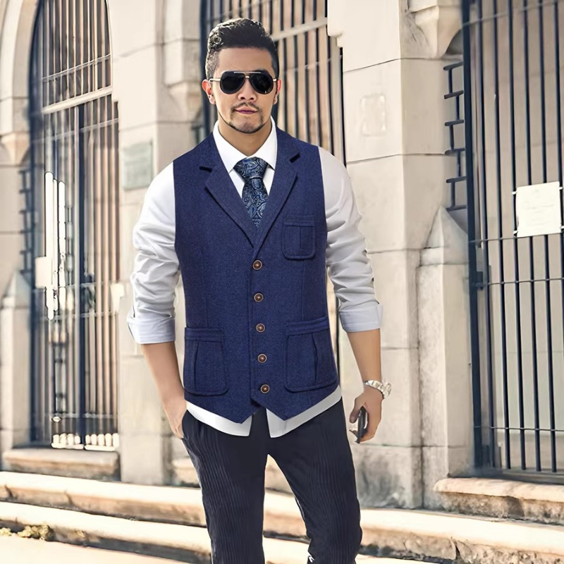 Men'S Formal Wear Waistcoat - เสื้อกั๊กสูทผู้ชายลายเฮอร์ริงโบน ทวีด ปกแบบนอตช์ ลา펠 กระดุมแถวเดียว สำหรับงานแต่งงาน