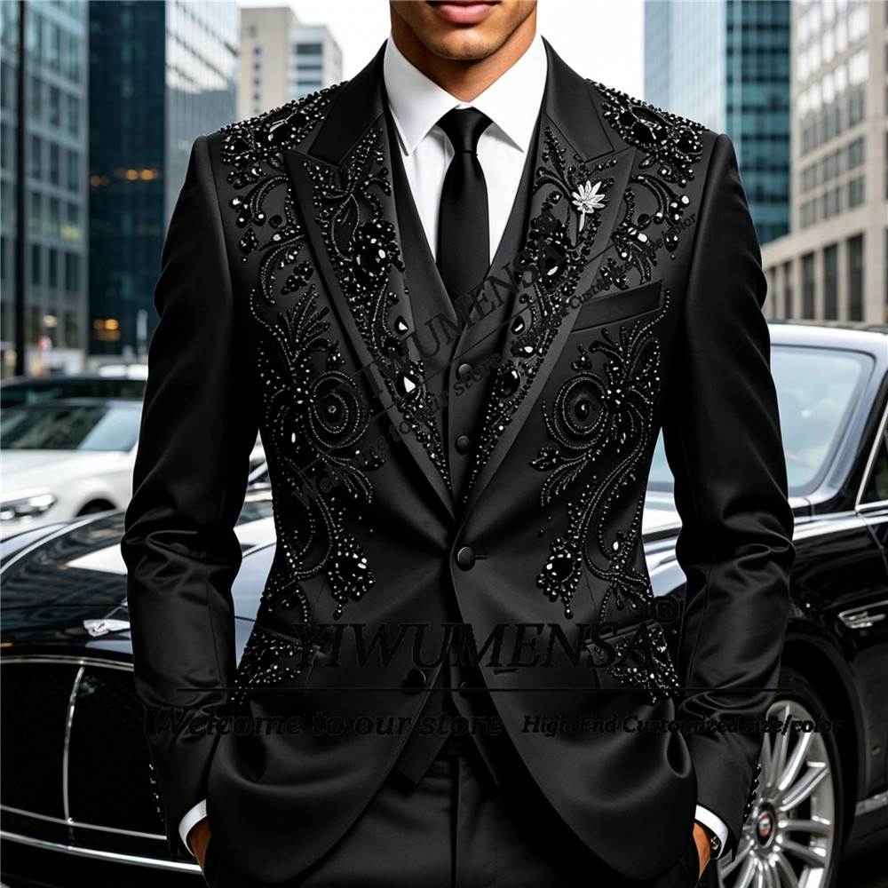Men'S Formal Wear Attire - ชุดสูทแต่งงานสุดหรูสำหรับผู้ชาย สีดำ ประดับเพชร เสื้อแจ็คเก็ตและกางเกง 2 ชิ้น
