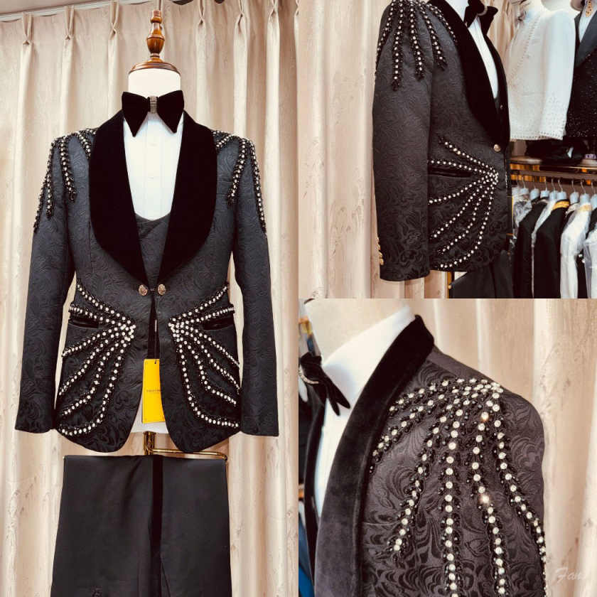 Men'S Formal Wear Waistcoat - ชุดสูทผู้ชายประดับคริสตัลสวยงาม 3 ชิ้น ผ้ากำมะหยี่ ปกแจ็คการ์ด เสื้อกั๊ก