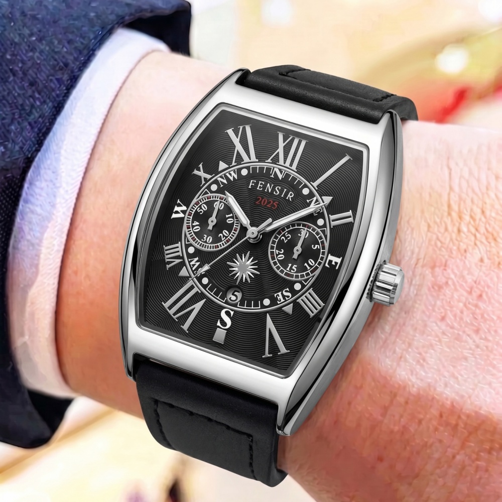 Men'S Formal Wear Watches - นาฬิกาข้อมือผู้ชายระดับไฮเอนด์พร้อมกลไกควอทซ์รูปทรงกระบอก หน้าปัดตัวเลขโรมันสไตล์วินเทจ สายหนังกันน้ำและทนต่อการสึกหรอ ใช้งานได้สองแบบสำหรับธุรกิจ งานทางการ และสวมใส่ลำลอง