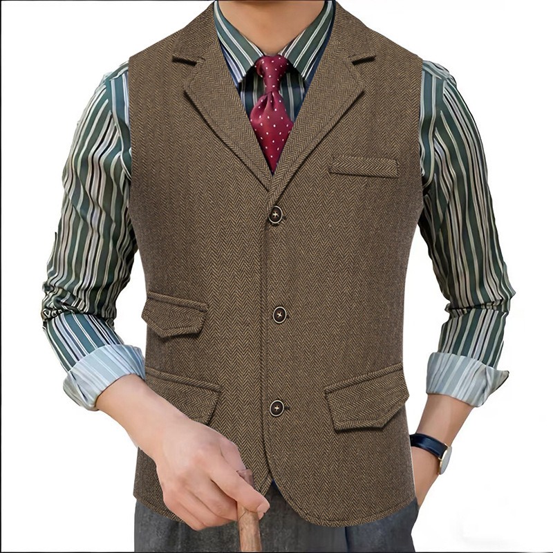 Men'S Formal Wear Waistcoat - เสื้อกั๊กสูทผู้ชายลายเฮอร์ริงโบน ทวีด ปกแบบนอตช์ ลา펠 กระดุมแถวเดียว สำหรับงานแต่งงาน