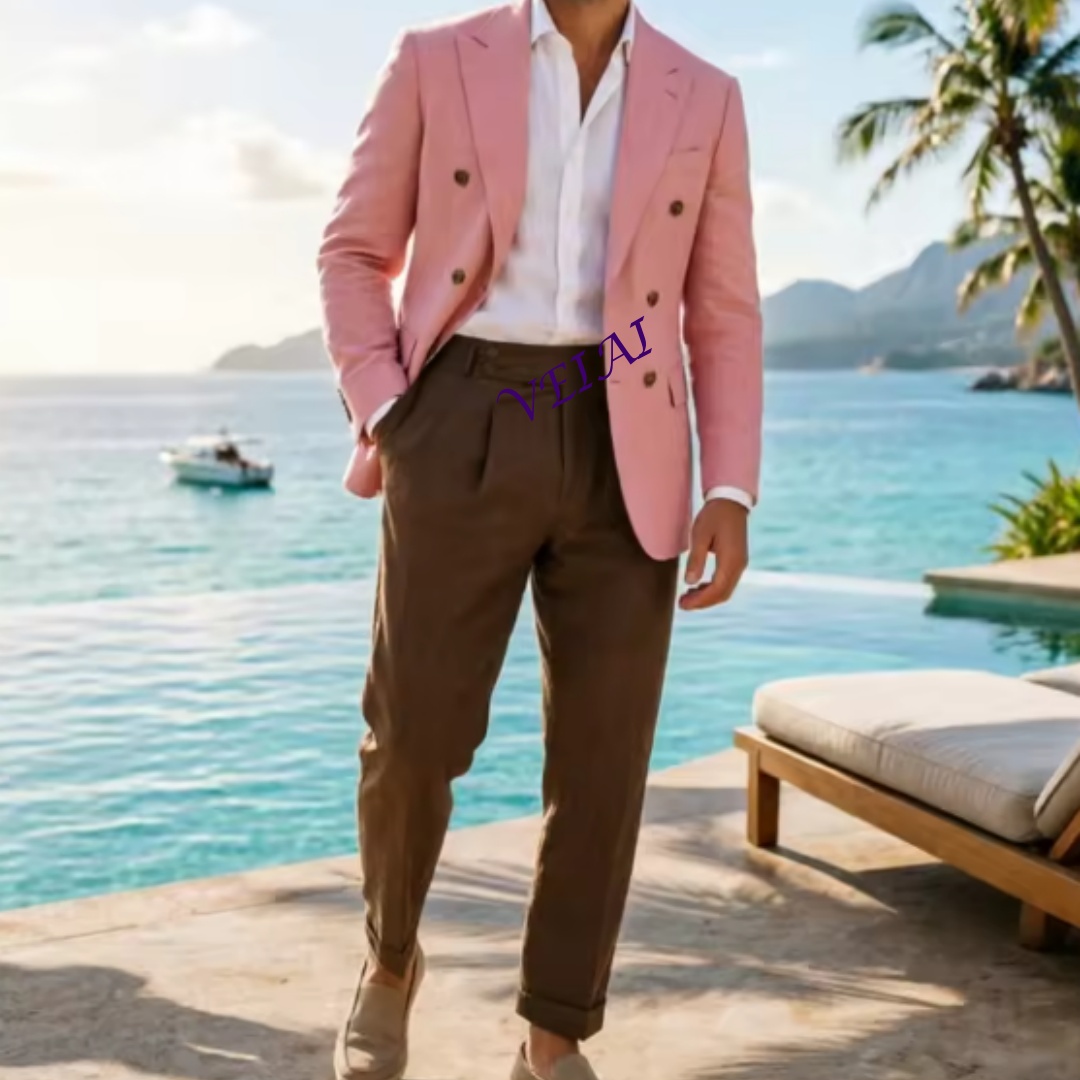 Men'S Formal Wear Attire - ชุดสูทผู้ชายผ้าลินินสีเบจแบบสองชิ้นสั่งตัดพิเศษ ดีไซน์กระดุมสองแถว สง่างาม เหมาะสำหรับเจ้าบ่าว งานทางการ งานเลี้ยง